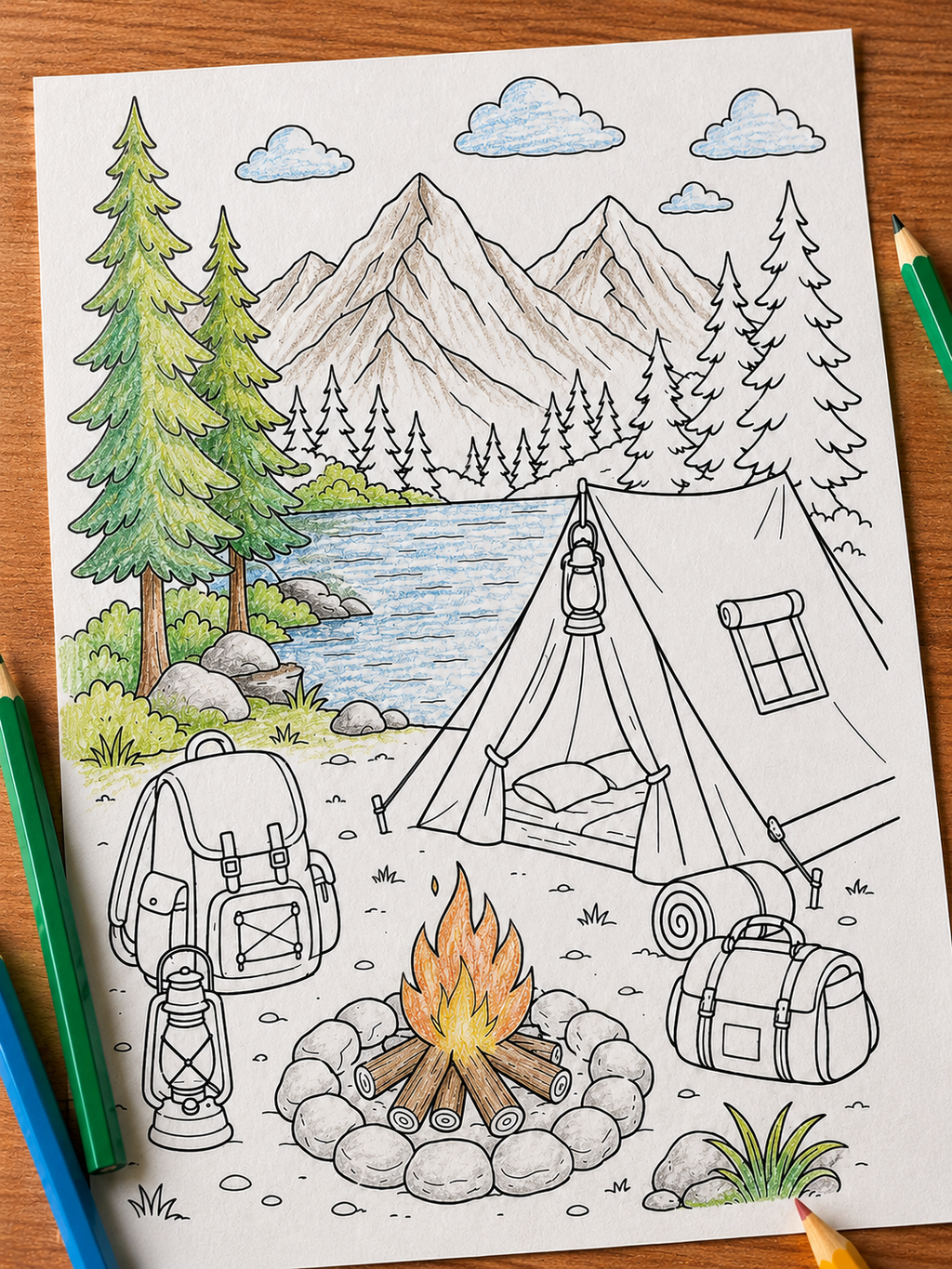Camping, Digital Coloring Book - Beginner