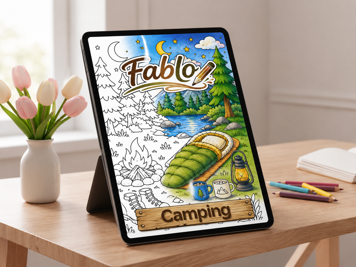 Camping, Digital Coloring Book - Beginner