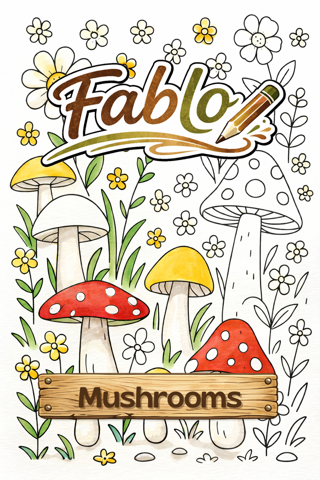 Mushrooms, Digital Coloring Book - Medium