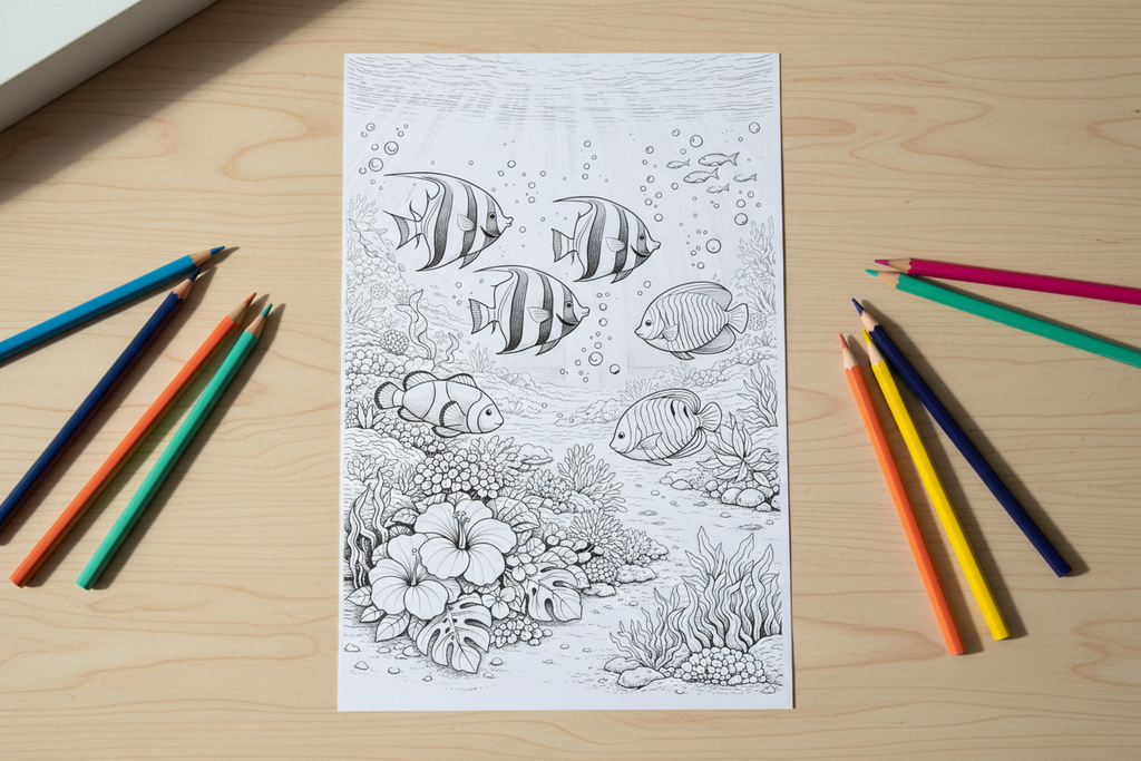 Coloring page on desk with colored pencils