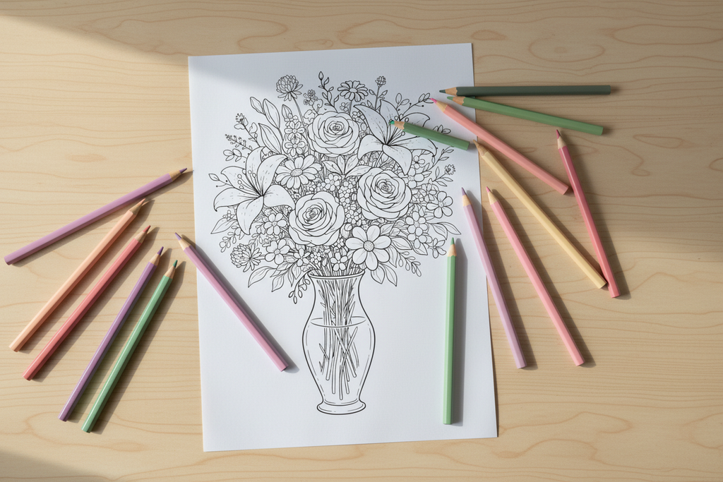 Flower coloring page on desk with colored pencils