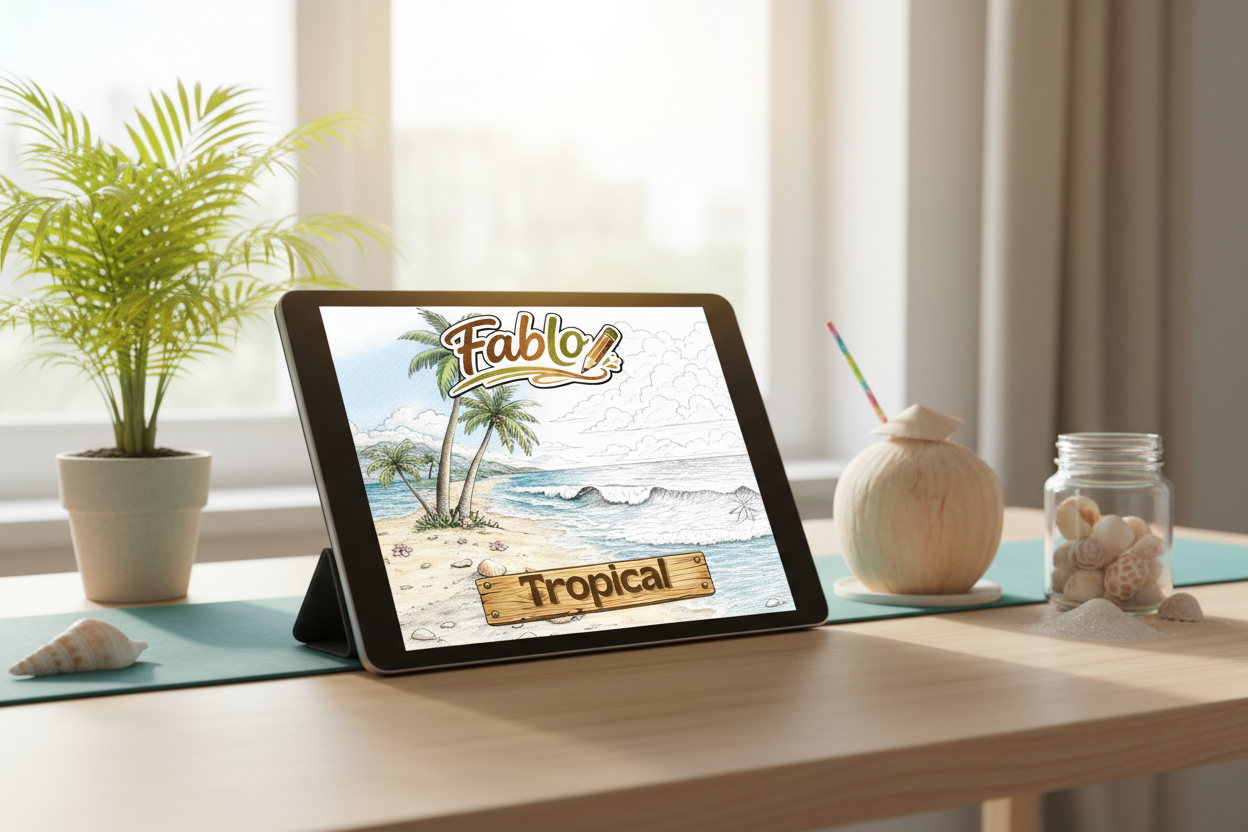 Tropical coloring book on tablet